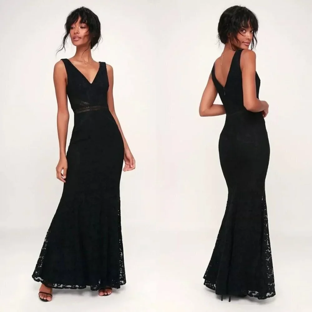 Lulus Embroidered Floral Lace Mermaid Maxi Dress Gown Black size Medium - Picture 2 of 12